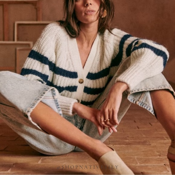 Sézane Basile V-Neck Oversized Striped Cardigan | Sz Small | Ecru White & Navy - Picture 10 of 15